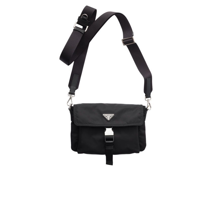 Sac étui pour smartphone PRADA en Re Nylon noir bandoulière logo triangle métal émail