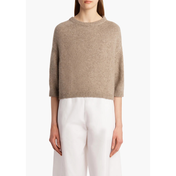 Pull court col rond KHAITE Sabina manche 3/4 cachemire beige chiné