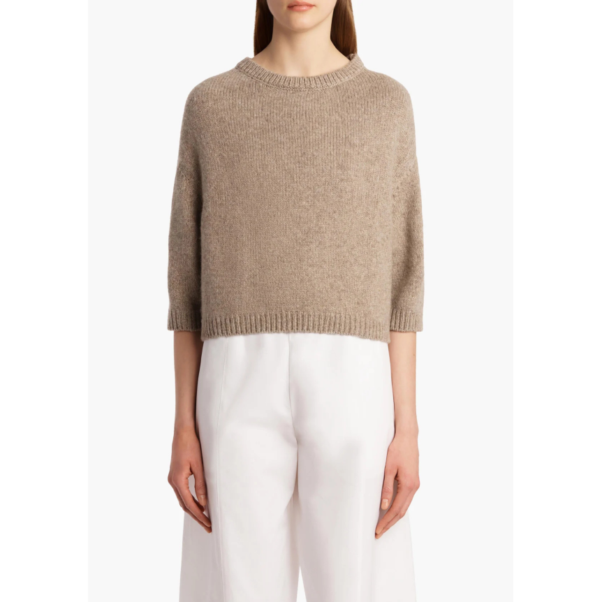 Pull court col rond KHAITE Sabina manche 3/4 cachemire beige chiné