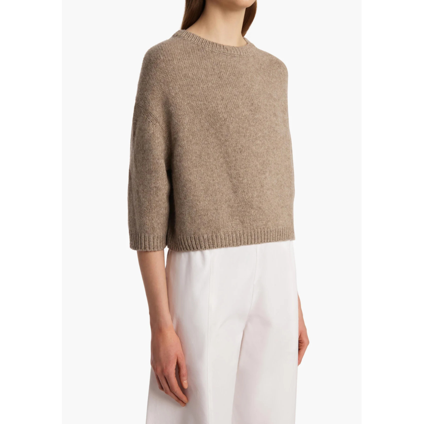 Pull court col rond KHAITE Sabina manche 3/4 cachemire beige chiné