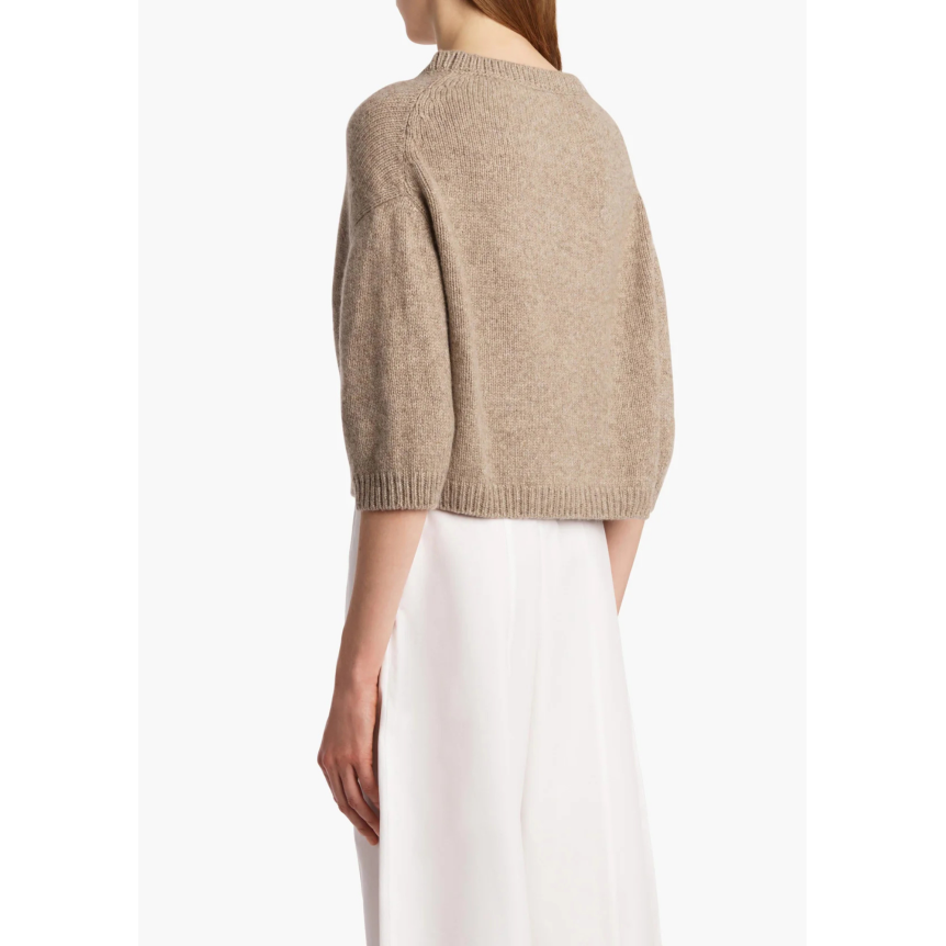 Pull court col rond KHAITE Sabina manche 3/4 cachemire beige chiné