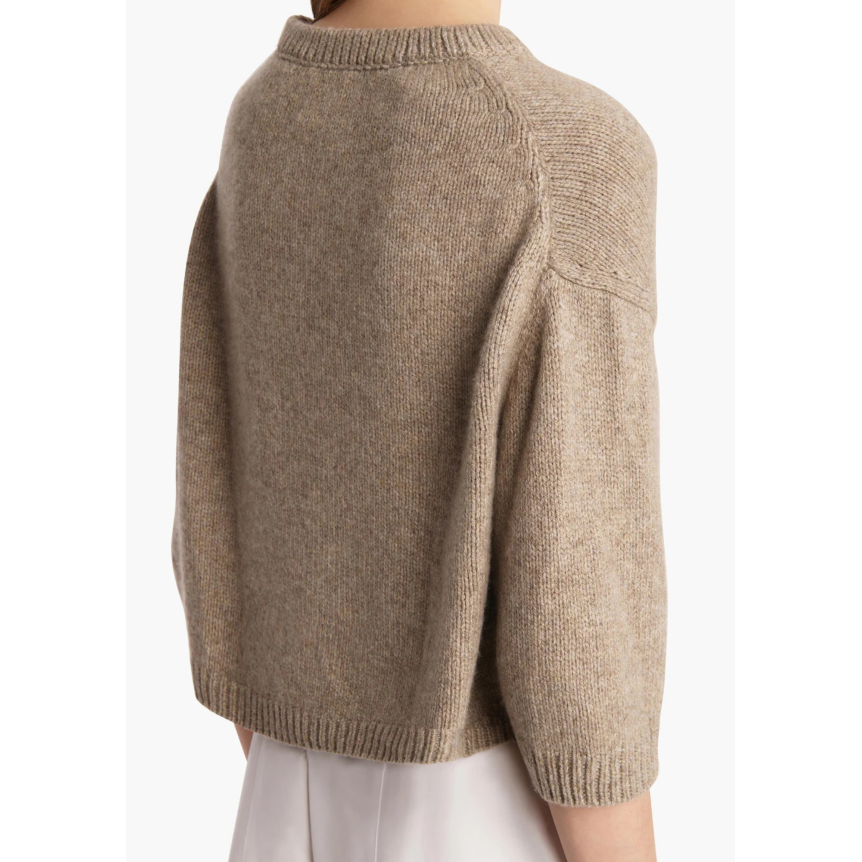 Pull court col rond KHAITE Sabina manche 3/4 cachemire beige chiné
