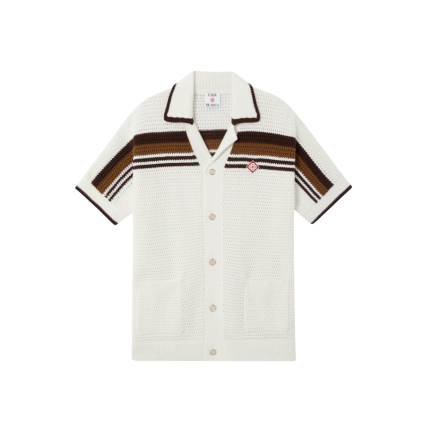 Chemise à manches courtes CASABLANCA coton blanc et marron en crochet à rayures tennis