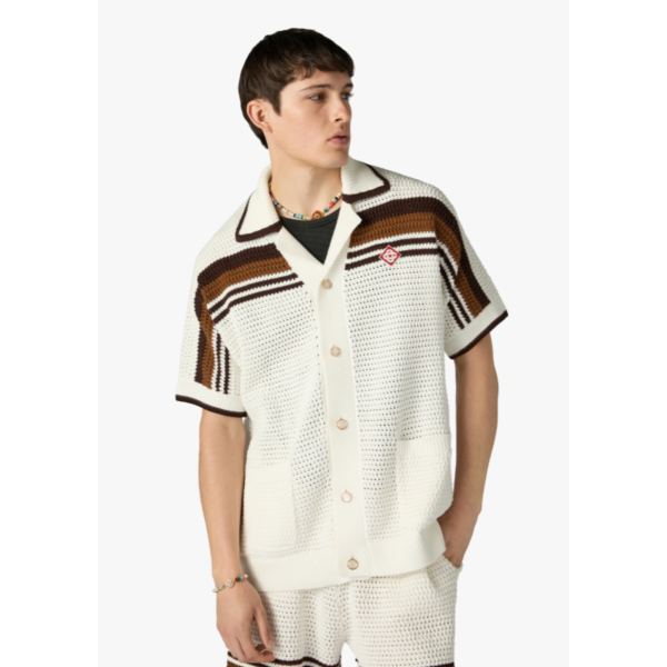 Chemise à manches courtes CASABLANCA coton blanc et marron en crochet à rayures tennis