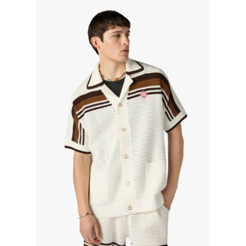 Chemise à manches courtes CASABLANCA coton blanc et marron en crochet à rayures tennis