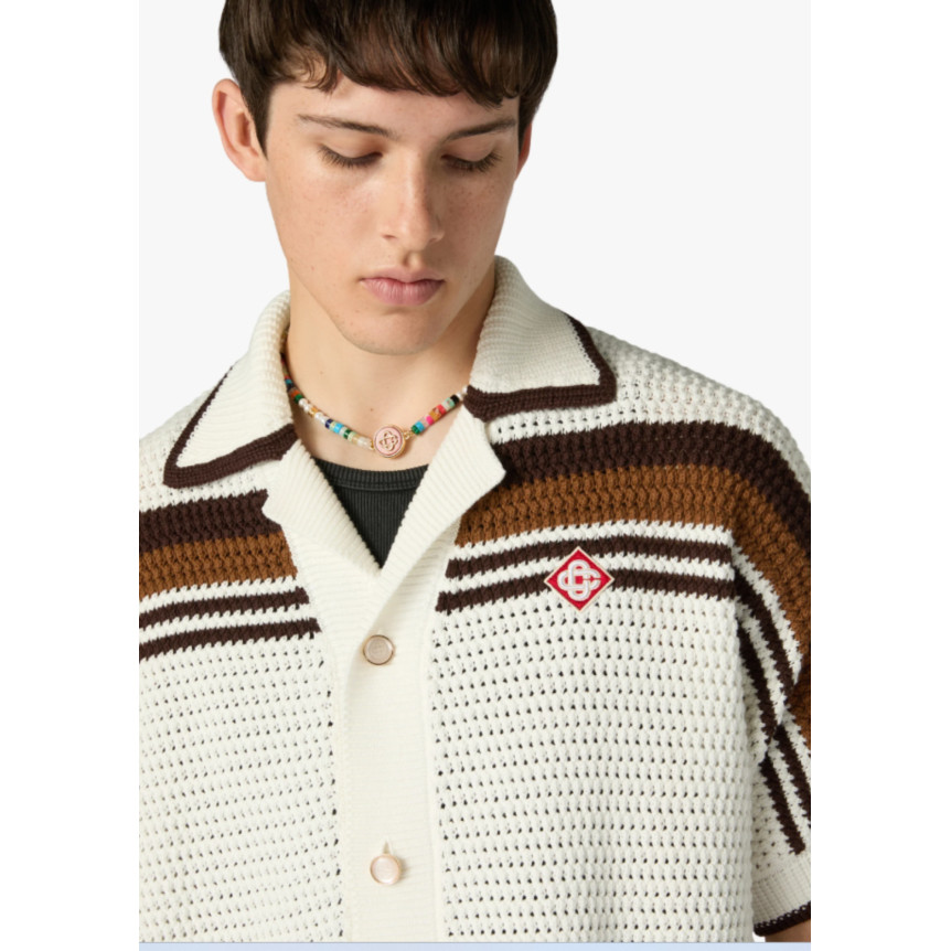 Chemise à manches courtes CASABLANCA coton blanc et marron en crochet à rayures tennis