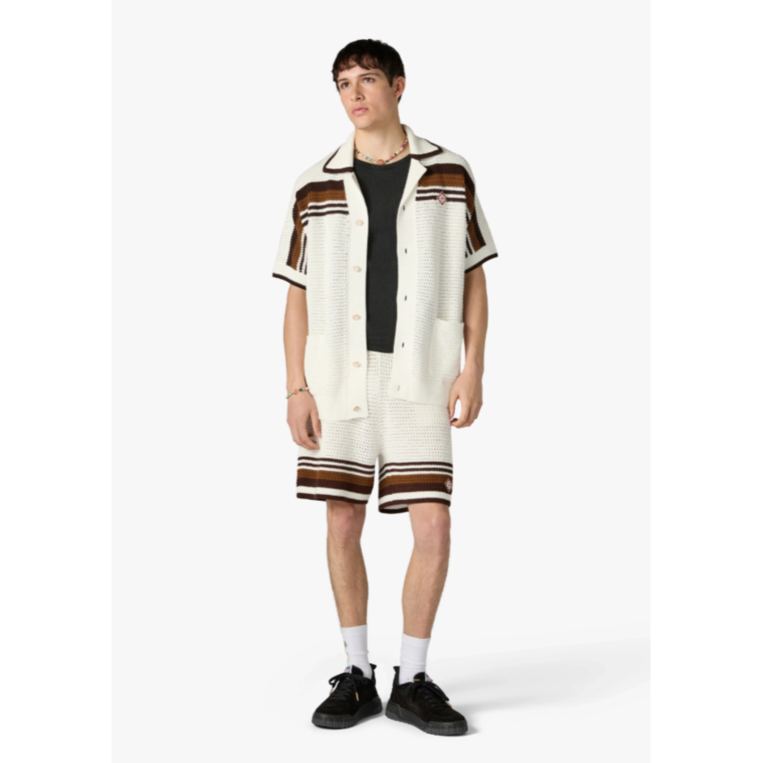 Chemise à manches courtes CASABLANCA coton blanc et marron en crochet à rayures tennis