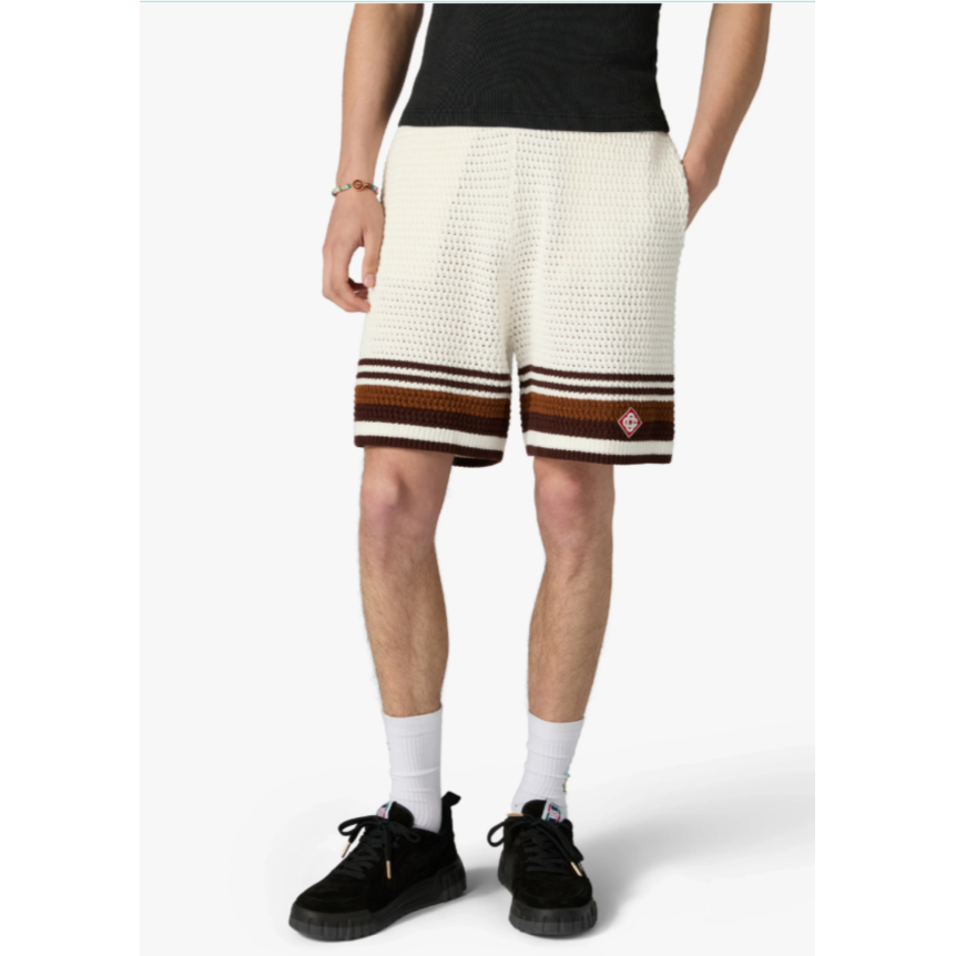Short CASABLANCA coton blanc et marron en crochet à rayures tennis