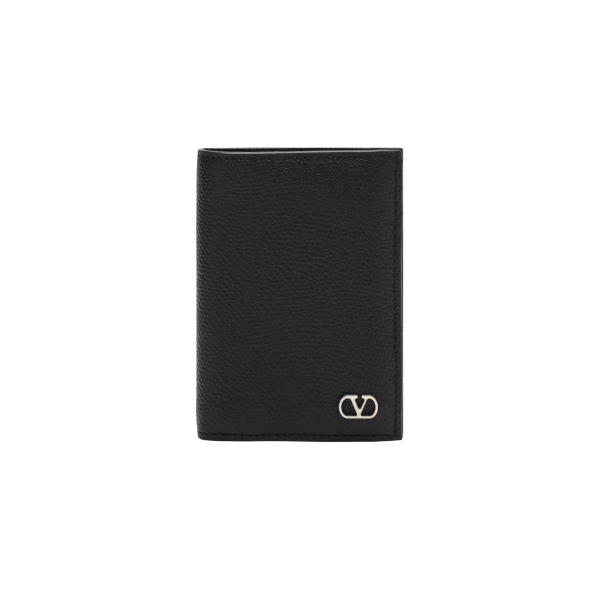 portefeuille cartes vertical VALENTINO en cuir de veau grainé noir v logo métal
