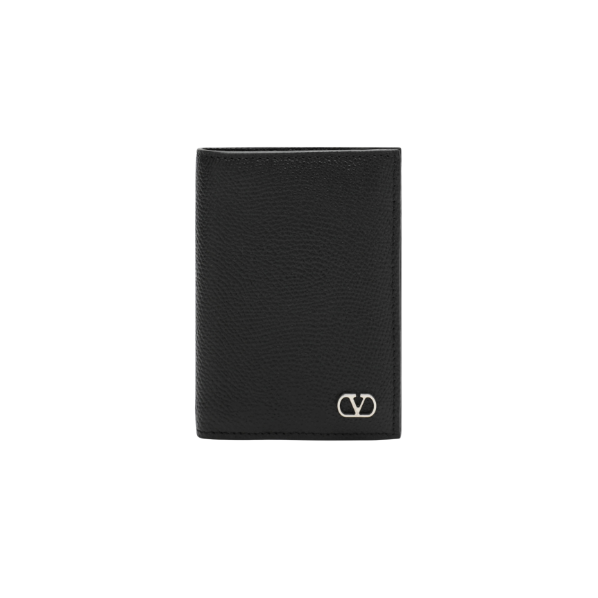 portefeuille cartes vertical VALENTINO en cuir de veau grainé noir v logo métal