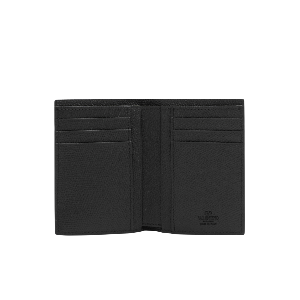 portefeuille cartes vertical VALENTINO en cuir de veau grainé noir v logo métal
