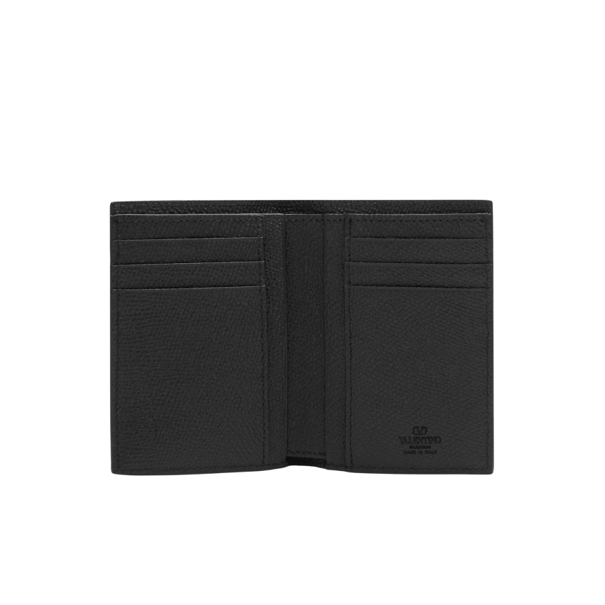 portefeuille cartes vertical VALENTINO en cuir de veau grainé noir v logo métal