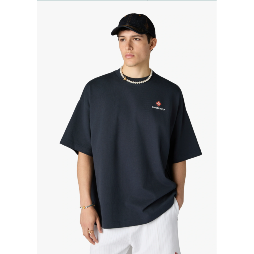 T‑shirt col rond à manches courtes CASABLANCA coton bleu marine oversize style sport