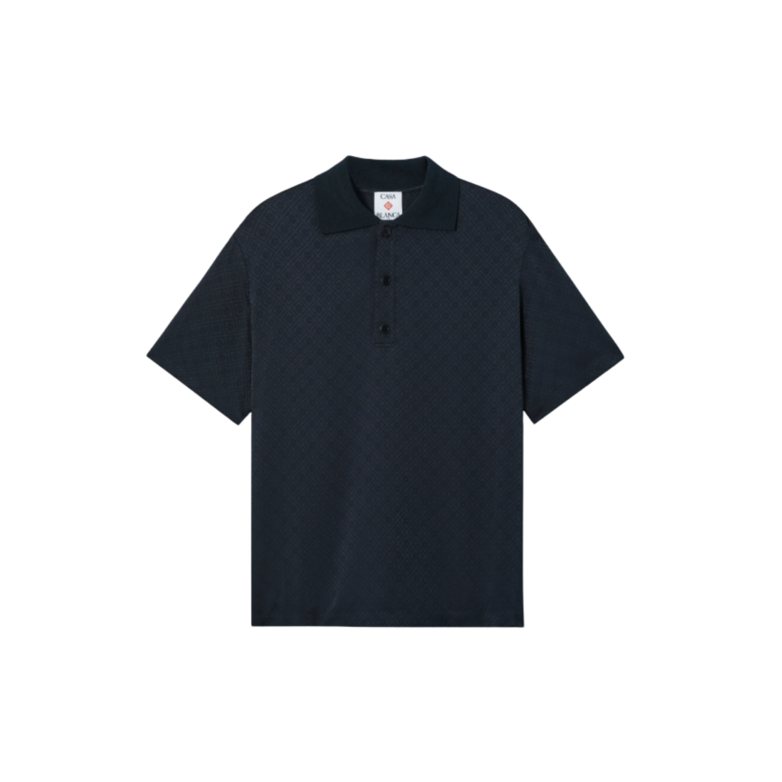 Polo à manches courtes viscose bleu marine foncé monogramme avec col en maille