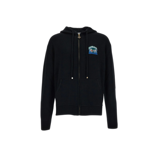 Cardigan sweat-shirt zippé à capuche CASABLANCA coton noir motif Casa palmiers