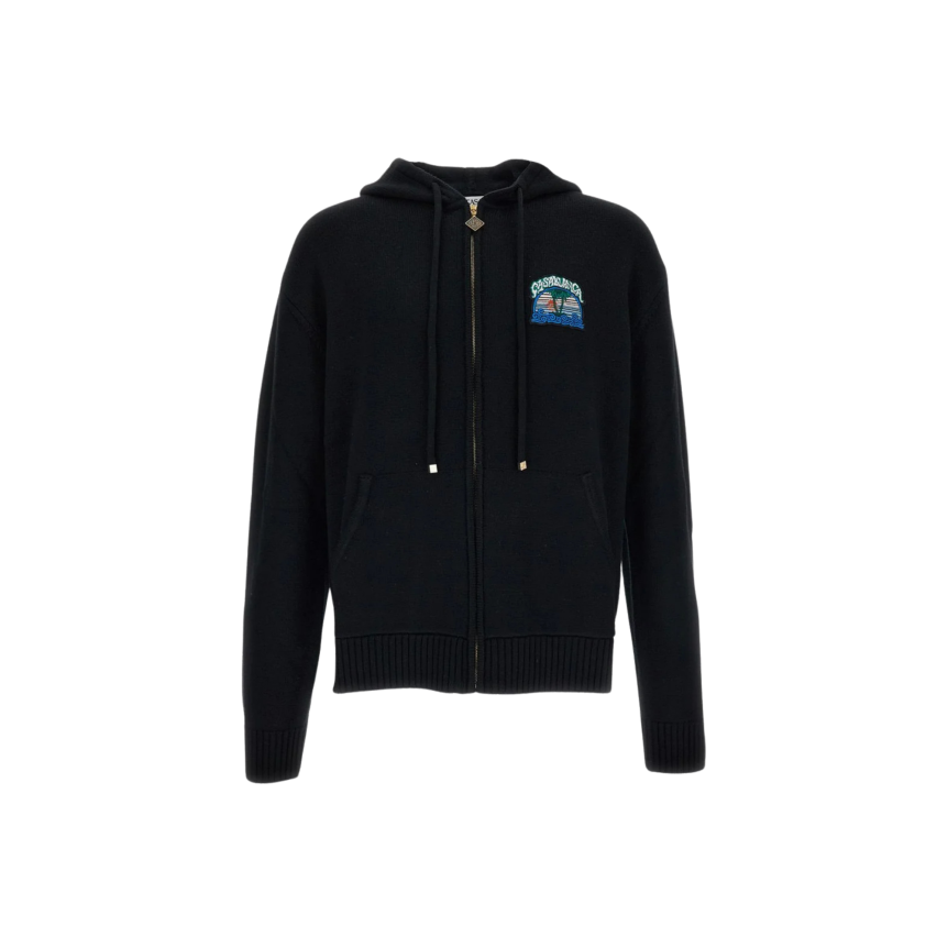 Cardigan sweat-shirt zippé à capuche CASABLANCA coton noir motif Casa palmiers