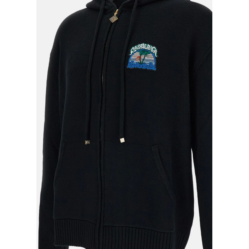 Cardigan sweat-shirt zippé à capuche CASABLANCA coton noir motif Casa palmiers