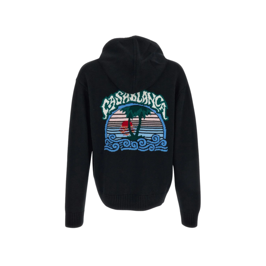 Cardigan sweat-shirt zippé à capuche CASABLANCA coton noir motif Casa palmiers