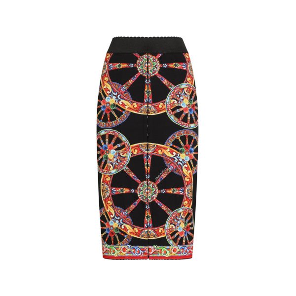 Jupe crayon midi DOLCE & GABBANA en charmeuse soie mélangée noire à imprimé Carretto multicolore