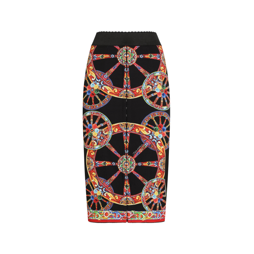 Jupe crayon midi DOLCE & GABBANA en charmeuse soie mélangée noire à imprimé Carretto multicolore