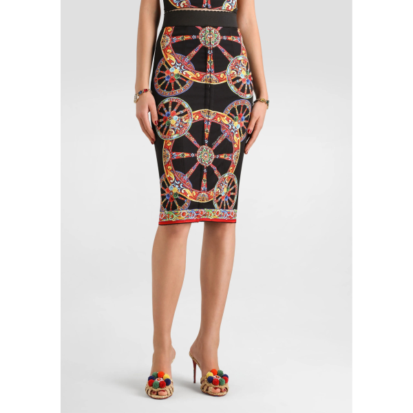 Jupe crayon midi DOLCE & GABBANA en charmeuse soie mélangée noire à imprimé Carretto multicolore