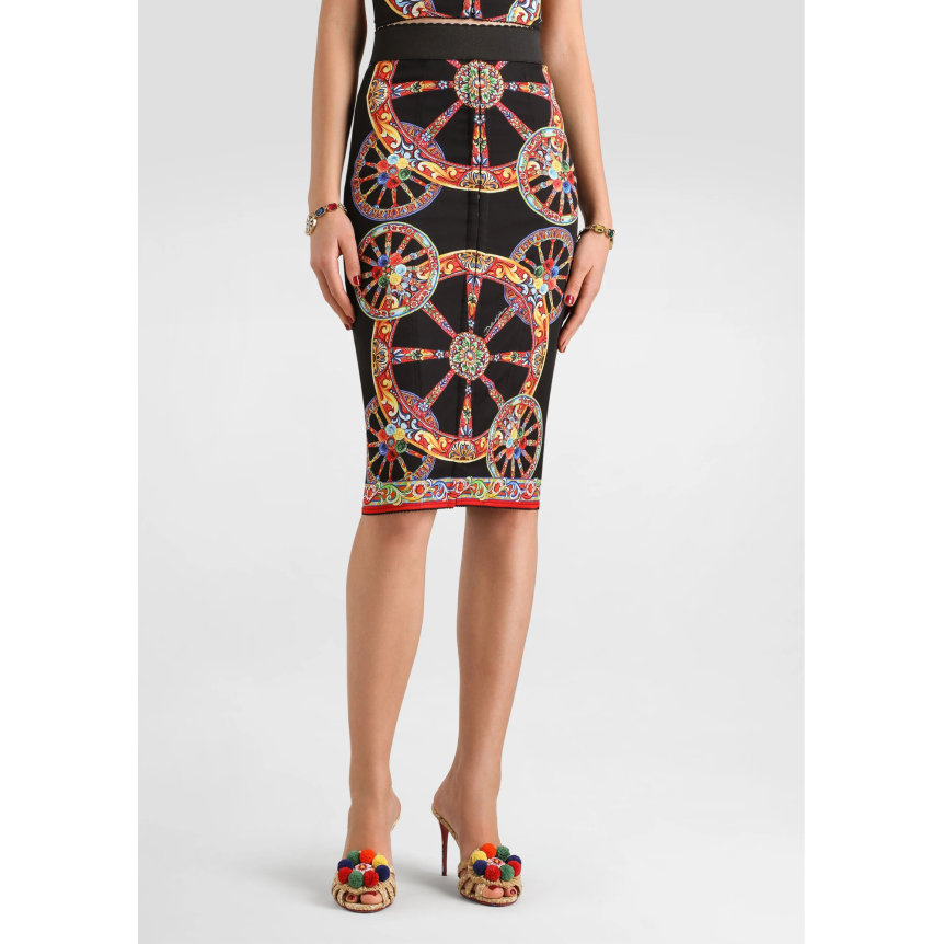 Jupe crayon midi DOLCE & GABBANA en charmeuse soie mélangée noire à imprimé Carretto multicolore