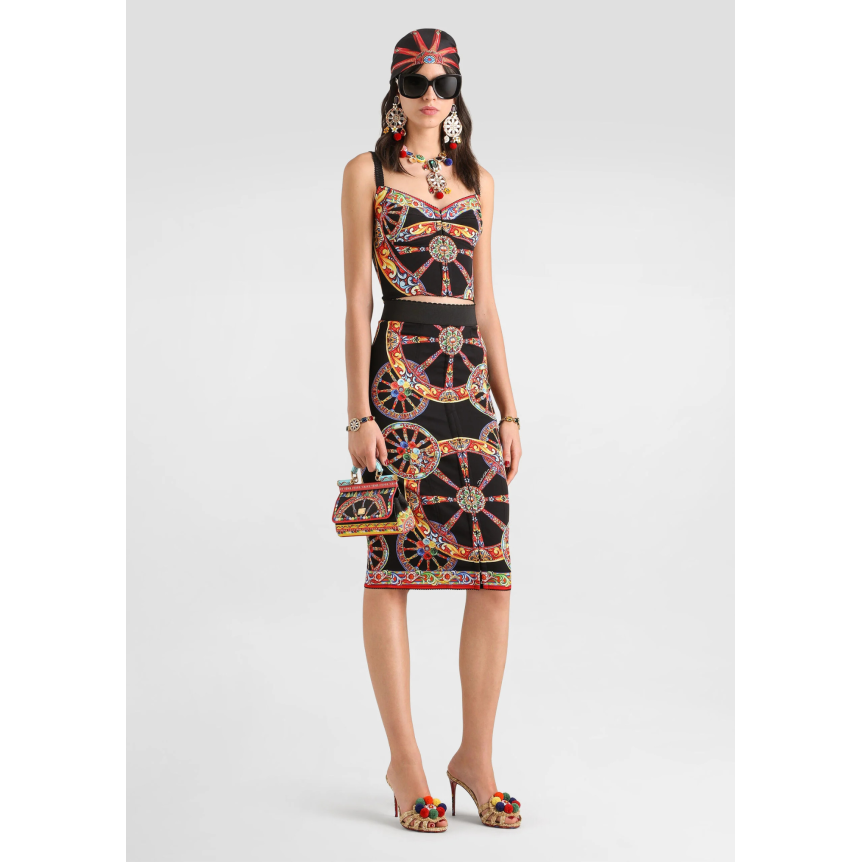 Jupe crayon midi DOLCE & GABBANA en charmeuse soie mélangée noire à imprimé Carretto multicolore