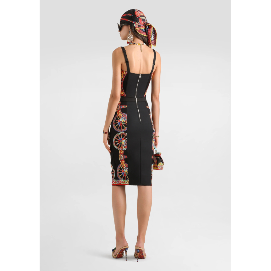 Jupe crayon midi DOLCE & GABBANA en charmeuse soie mélangée noire à imprimé Carretto multicolore