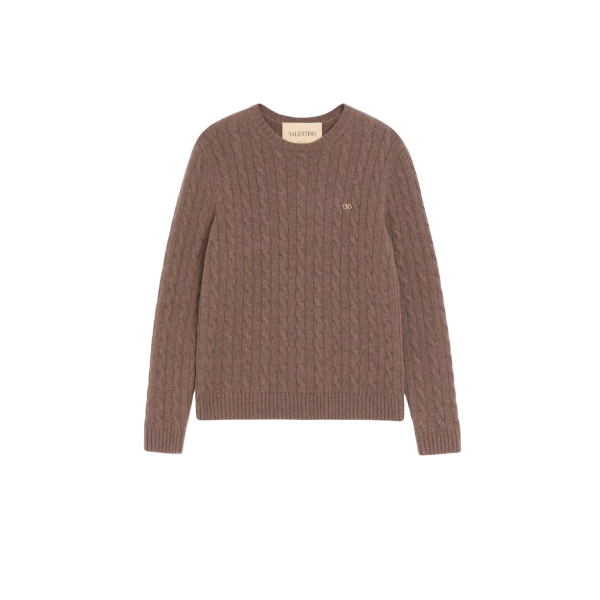 Pull ras du cou VALENTINO Cachemire torsade marron V Logo