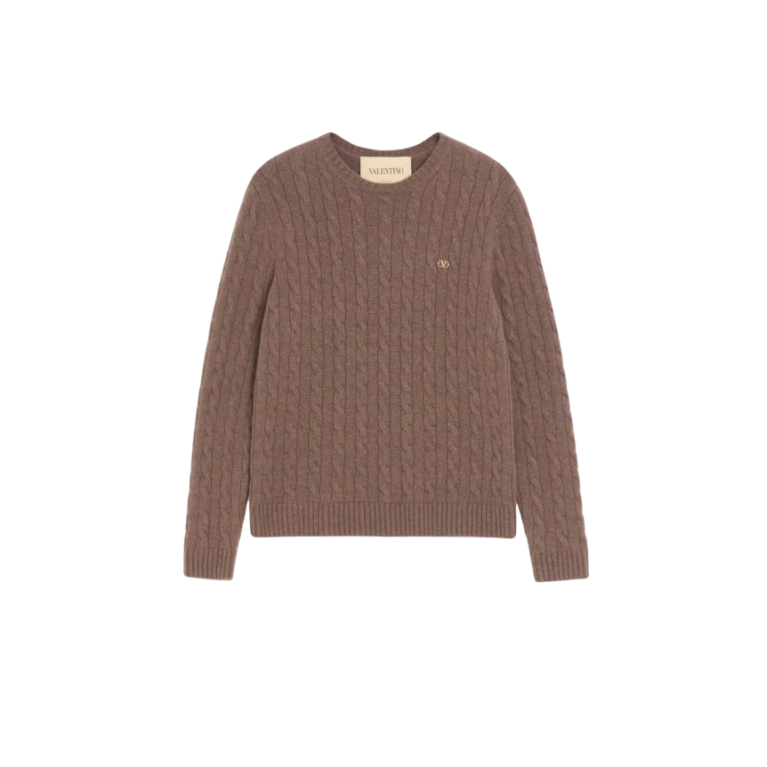 Pull ras du cou VALENTINO Cachemire torsade marron V Logo