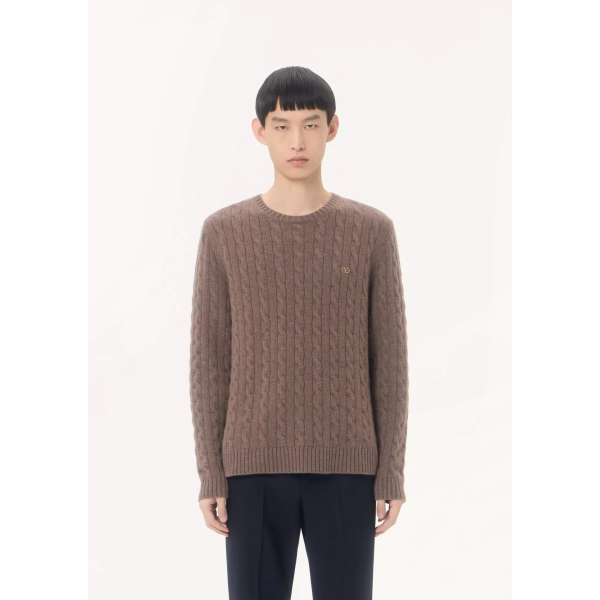 Pull ras du cou VALENTINO Cachemire torsade marron V Logo
