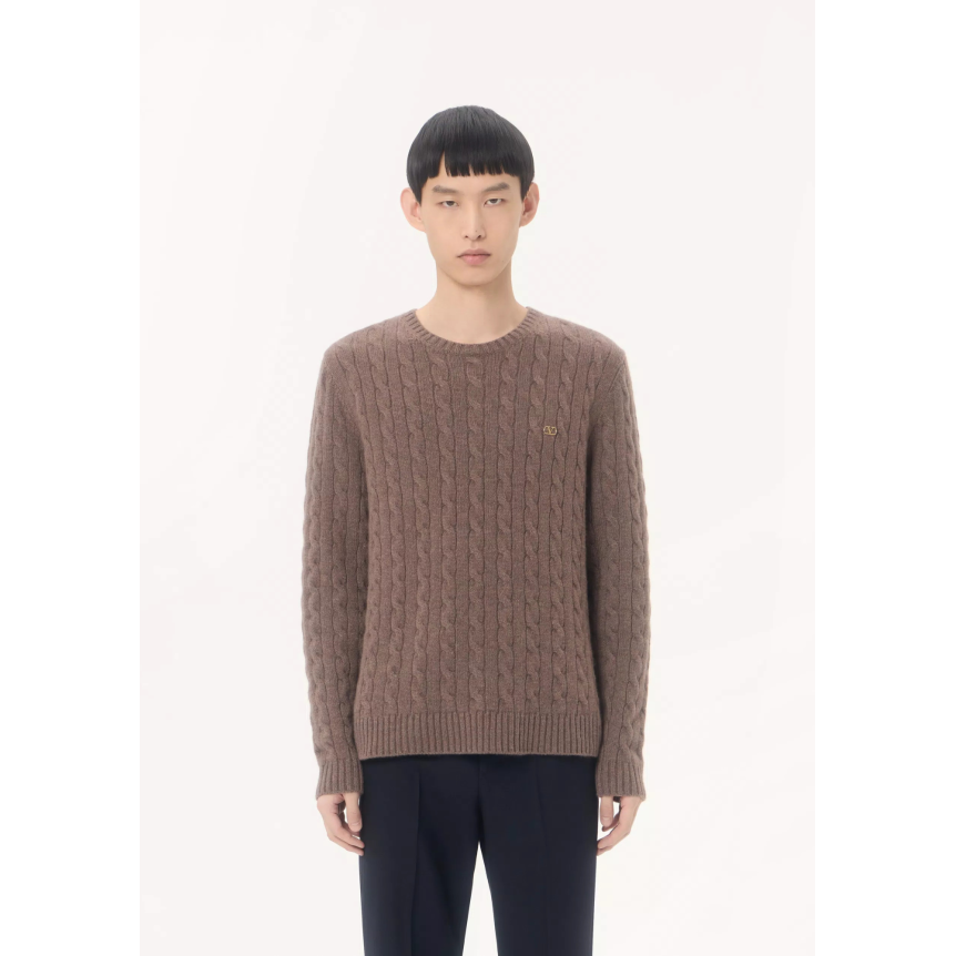 Pull ras du cou VALENTINO Cachemire torsade marron V Logo