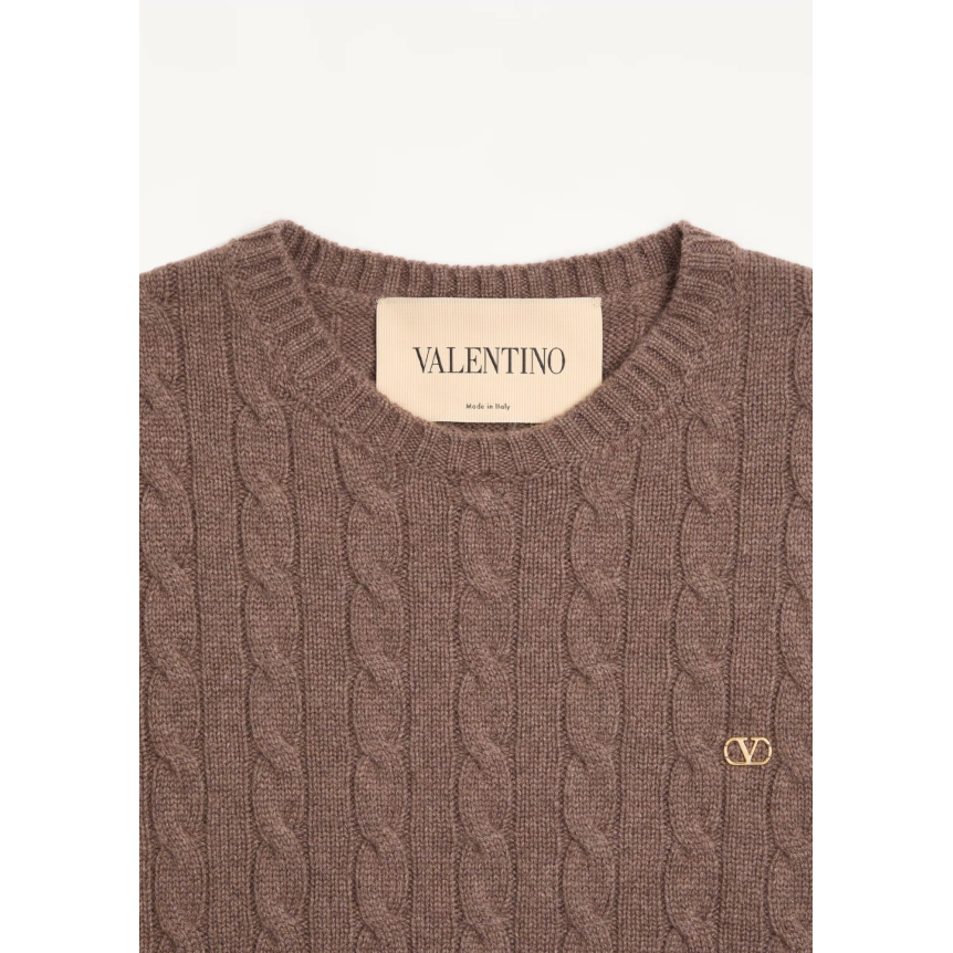 Pull ras du cou VALENTINO Cachemire torsade marron V Logo