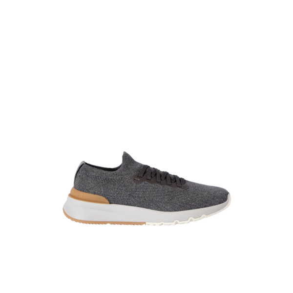Basket running BRUNELLO CUCINELLI maille coton gris talon cuir marron
