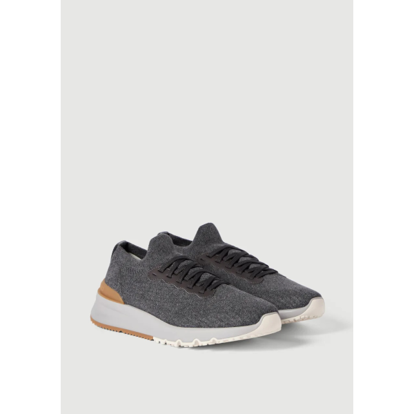 Basket running BRUNELLO CUCINELLI maille coton gris talon cuir marron