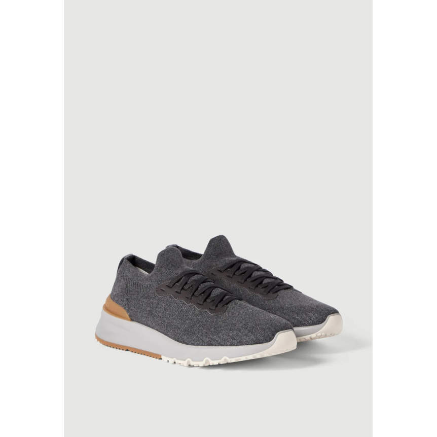 Basket running BRUNELLO CUCINELLI maille coton gris talon cuir marron