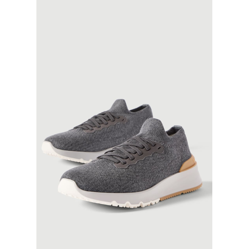Basket running BRUNELLO CUCINELLI maille coton gris talon cuir marron