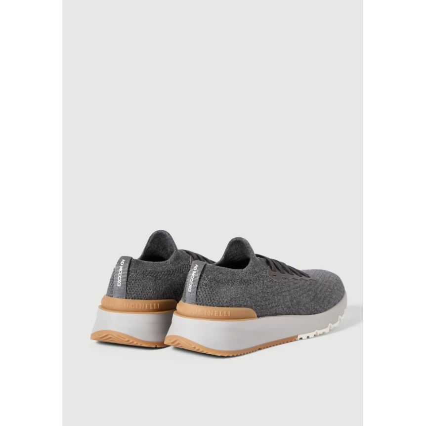 Basket running BRUNELLO CUCINELLI maille coton gris talon cuir marron