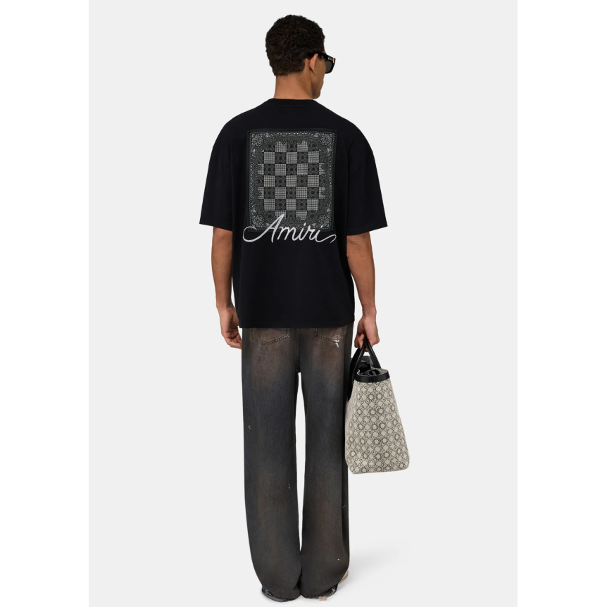 T-shirt manche courte AMIRI oversize coton noir logo blanc imprimé MA Quad damier dos