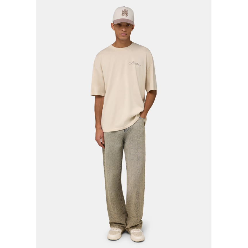 T-shirt manche courte AMIRI oversize coton beige logo gris imprimé MA Quad damier dos