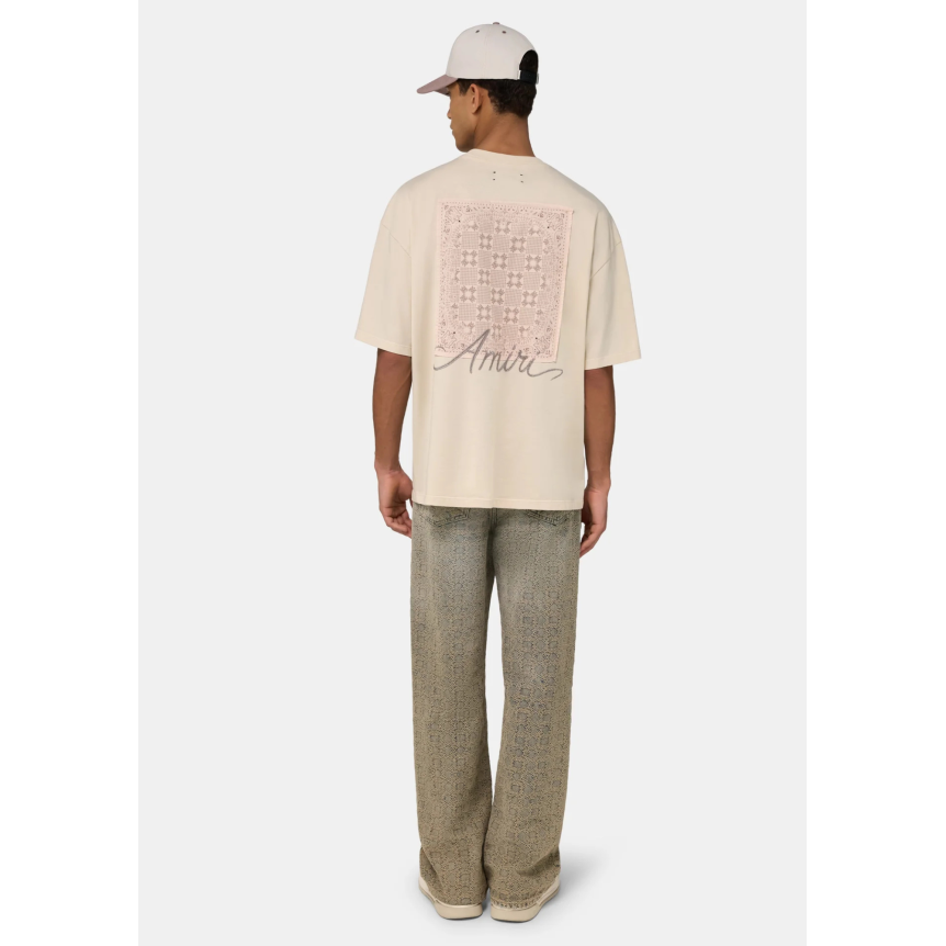 T-shirt manche courte AMIRI oversize coton beige logo gris imprimé MA Quad damier dos