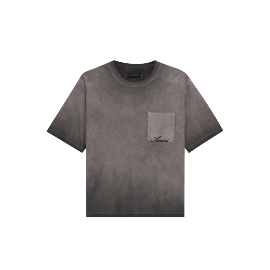T-shirt col rond AMIRI coton gris délavé fausse poche poitrine logo