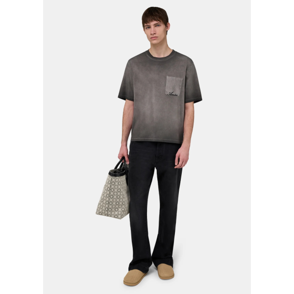 T-shirt col rond AMIRI coton gris délavé fausse poche poitrine logo