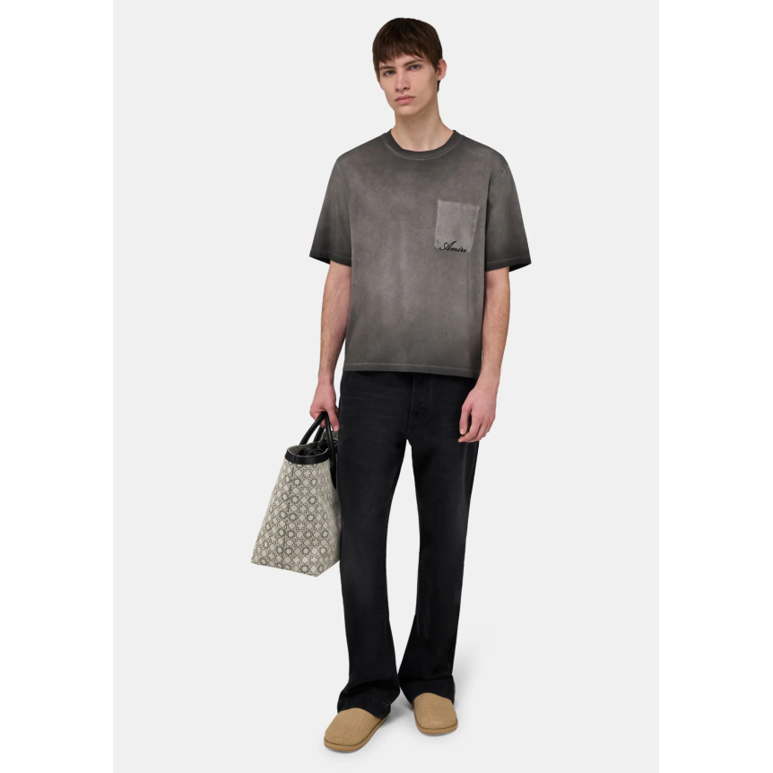 T-shirt col rond AMIRI coton gris délavé fausse poche poitrine logo