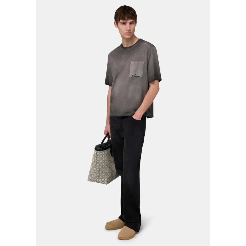 T-shirt col rond AMIRI coton gris délavé fausse poche poitrine logo
