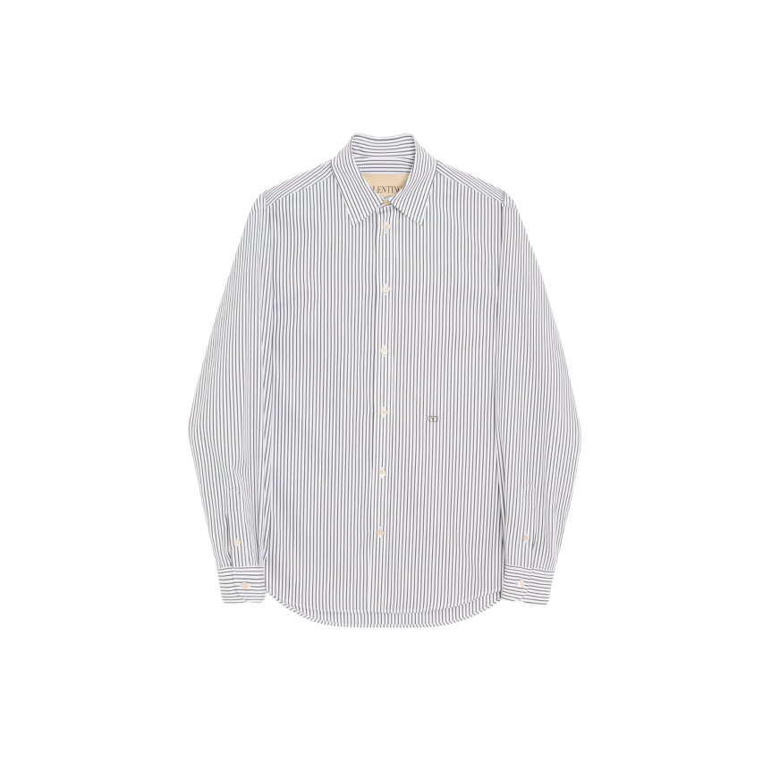 Chemise manche longue VALENTINO popeline coton blanc rayure kaki V logo