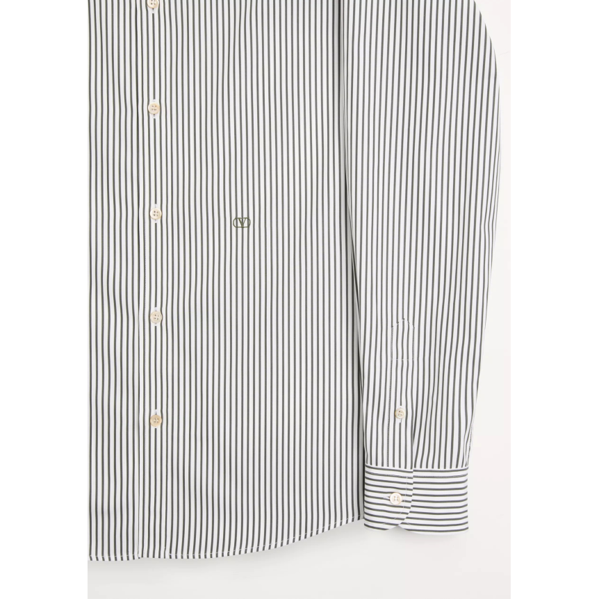 Chemise manche longue VALENTINO popeline coton blanc rayure kaki V logo