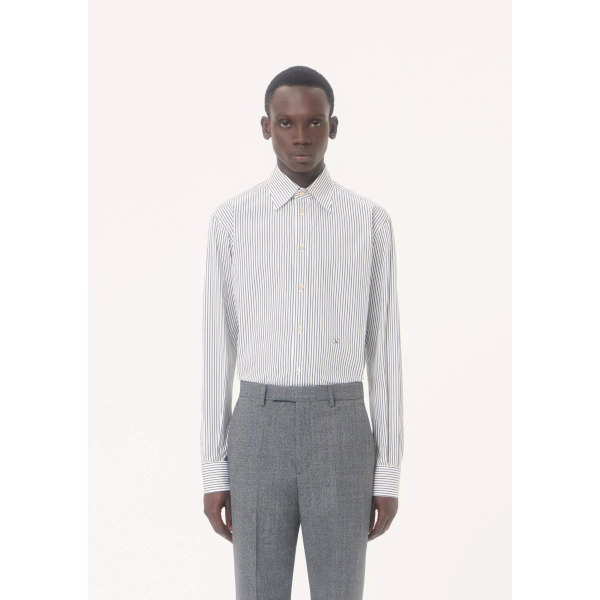 Chemise manche longue VALENTINO popeline coton blanc rayure kaki V logo