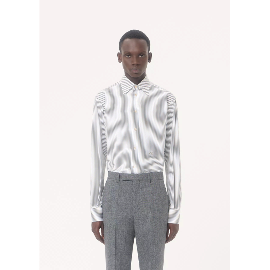 Chemise manche longue VALENTINO popeline coton blanc rayure kaki V logo