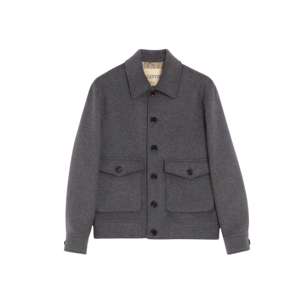 Blouson à col fermeture bouton VALENTINO laine cachemire gris anthracite poche plaquée à rabat